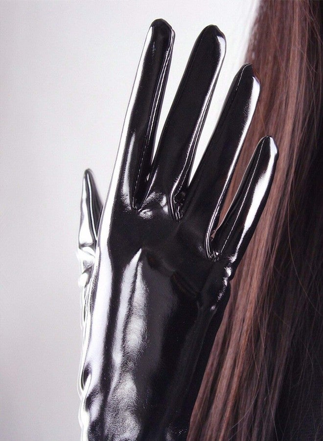 DooWay Black Long Latex Gloves Faux Patent PU Wet Look 20-inches Opera Party Evening Gloves - Image 5